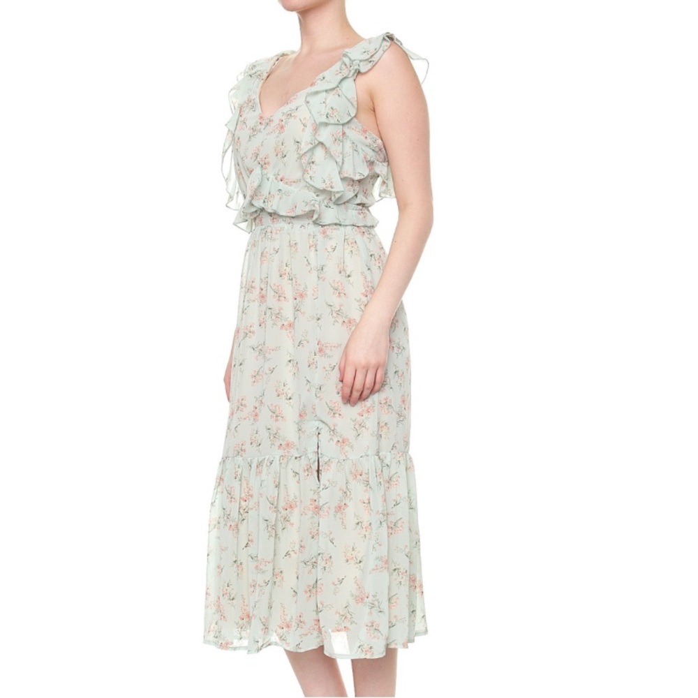 Dex NWT Ruffle Floral Midi Dress Tie Back Green Pink Size S Flowy - Picture 4 of 15